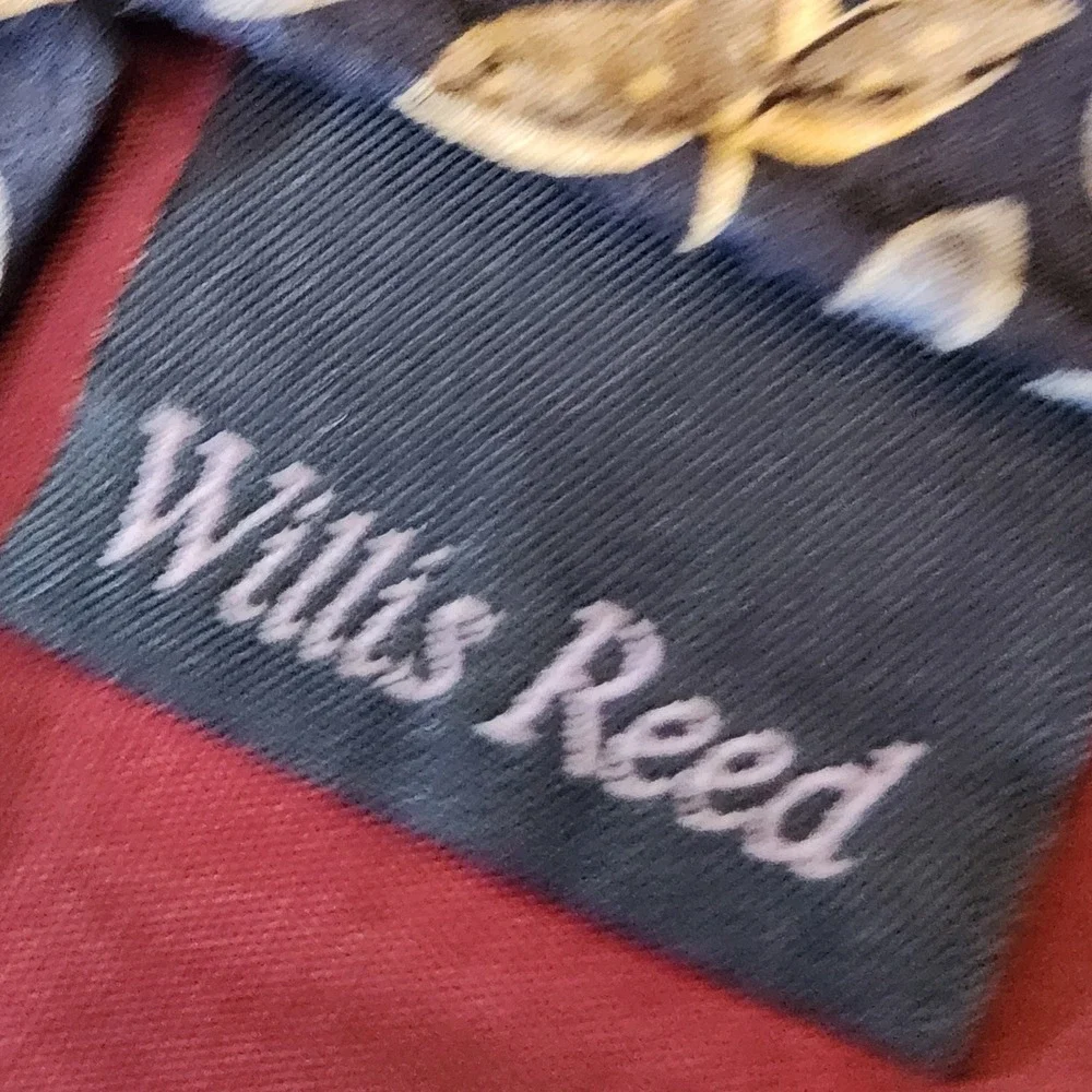 Jimmy Z Silk Necktie Mens OS Blue Gold Leaf Print Excellent Vintage Willis Reed